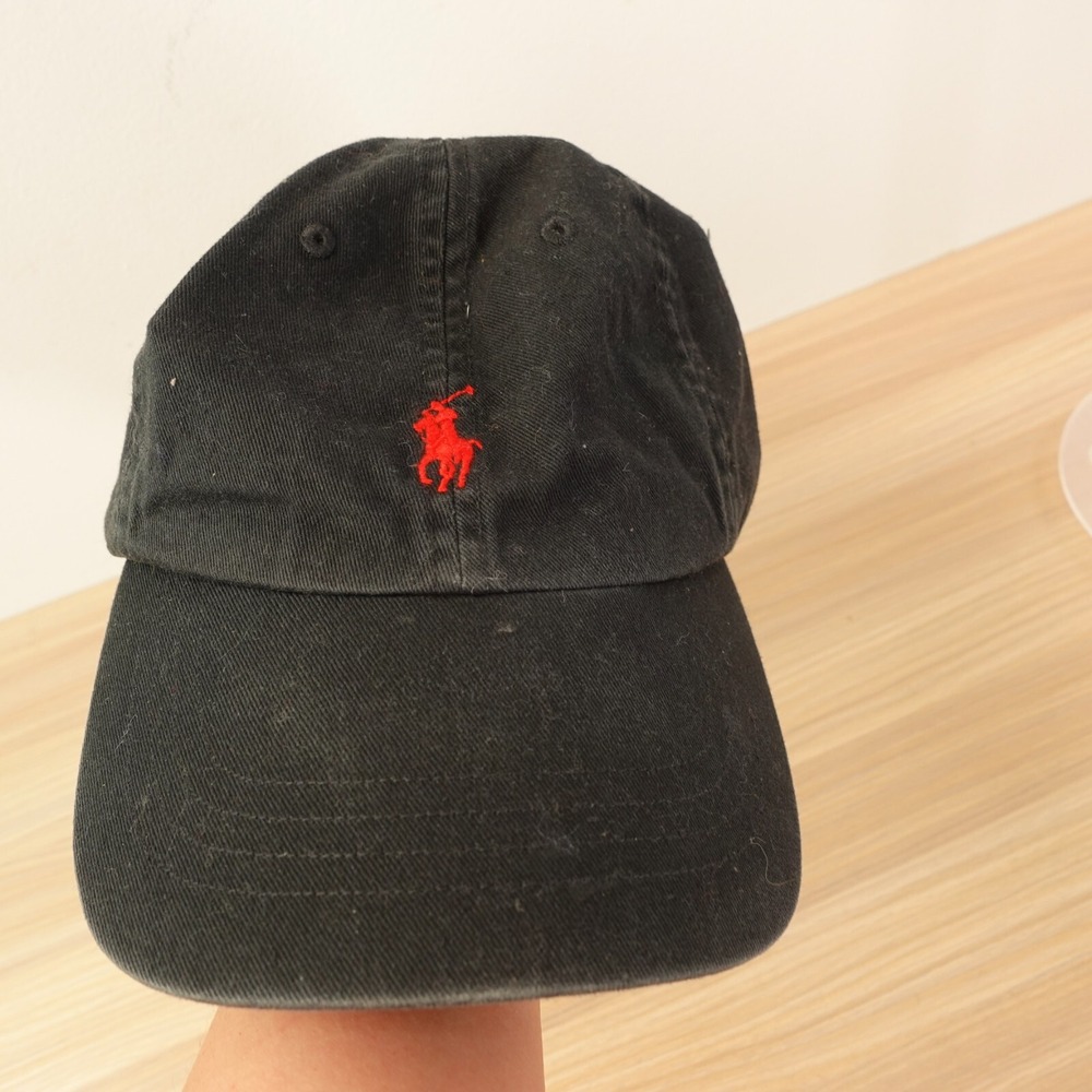 POLO Ralph Lauren Red Pony Chino Ball Cap Black Adjustable Buckle Strap Preppy